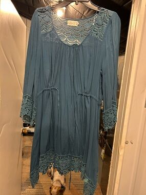 Teal Crochet Trim Boho Dress